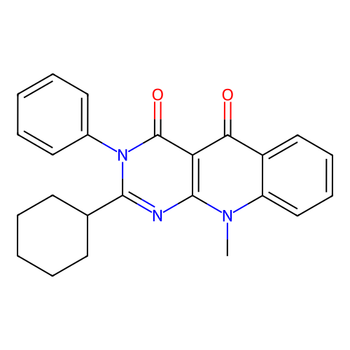 2-cyclohexyl-10-methyl-3-phenylpyrimido[4,5-b]quinoline-4,5(3H,10H)-dione structure