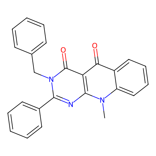 3-benzyl-10-methyl-2-phenylpyrimido[4,5-b]quinoline-4,5(3H,10H)-dione structure