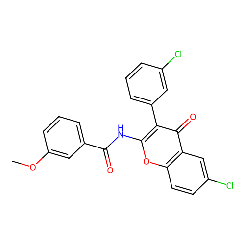 N-(6-chloro-3-(3-chlorophenyl)-4-oxo-4H-chromen-2-yl)-3-methoxybenzamide structure