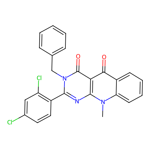 3-benzyl-2-(2,4-dichlorophenyl)-10-methylpyrimido[4,5-b]quinoline-4,5(3H,10H)-dione structure
