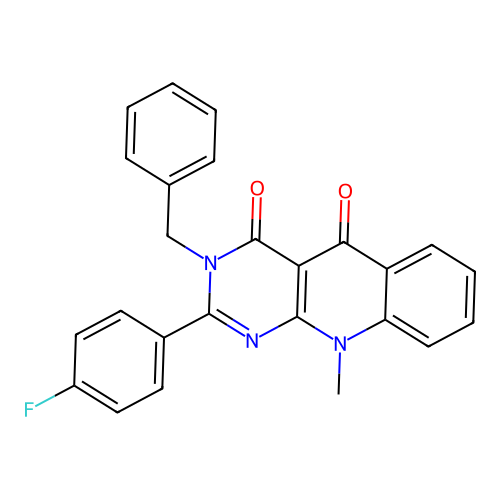 3-benzyl-2-(4-fluorophenyl)-10-methylpyrimido[4,5-b]quinoline-4,5(3H,10H)-dione structure
