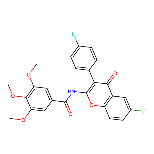 N-[6-chloro-3-(4-fluorophenyl)-4-oxochromen-2-yl]-3,4,5-trimethoxybenzamide structure