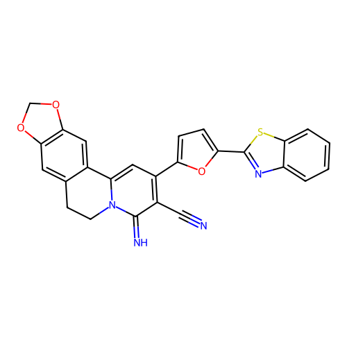 2-(5-(benzo[d]thiazol-2-yl)furan-2-yl)-4-imino-6,7-dihydro-4H-[1,3]dioxolo[4,5-g]pyrido[2,1-a]isoquinoline-3-carbonitrile structure