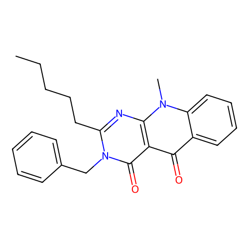 3-benzyl-10-methyl-2-pentylpyrimido[4,5-b]quinoline-4,5(3H,10H)-dione structure