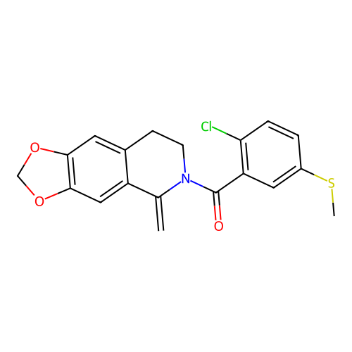 (2-chloro-5-(methylthio)phenyl)(5-methylene-7,8-dihydro-[1,3]dioxolo[4,5-g]isoquinolin-6(5H)-yl)methanone structure