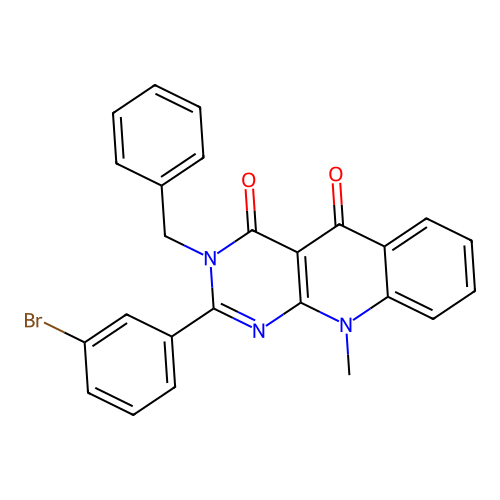 3-benzyl-2-(3-bromophenyl)-10-methylpyrimido[4,5-b]quinoline-4,5(3H,10H)-dione structure