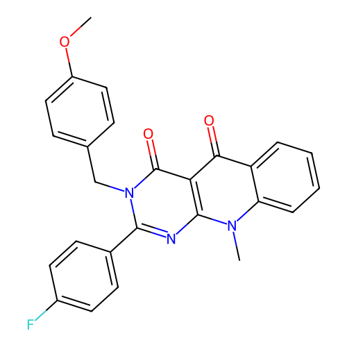 2-(4-fluorophenyl)-3-(4-methoxybenzyl)-10-methylpyrimido[4,5-b]quinoline-4,5(3H,10H)-dione structure