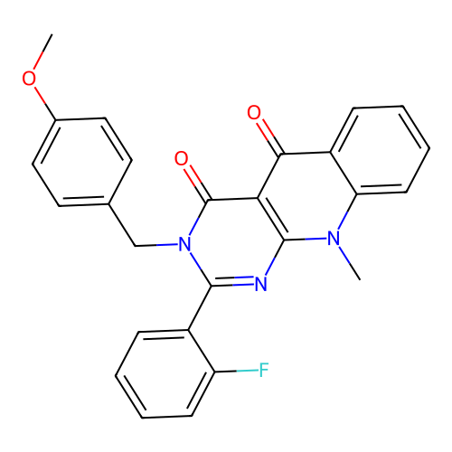 2-(2-fluorophenyl)-3-(4-methoxybenzyl)-10-methylpyrimido[4,5-b]quinoline-4,5(3H,10H)-dione structure