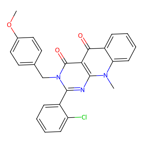 2-(2-chlorophenyl)-3-(4-methoxybenzyl)-10-methylpyrimido[4,5-b]quinoline-4,5(3H,10H)-dione structure