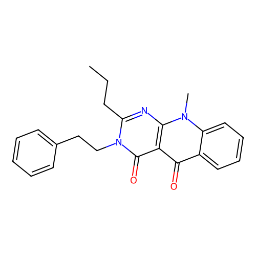 10-methyl-3-phenethyl-2-propylpyrimido[4,5-b]quinoline-4,5(3H,10H)-dione structure