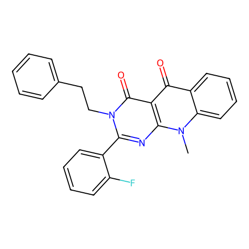 2-(2-fluorophenyl)-10-methyl-3-(2-phenylethyl)pyrimido[4,5-b]quinoline-4,5(3H,10H)-dione structure