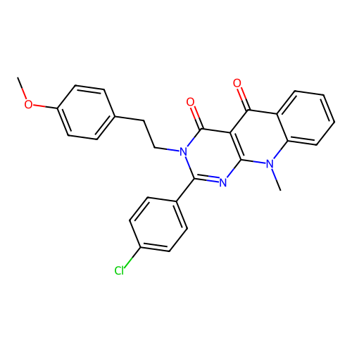 2-(4-chlorophenyl)-3-(4-methoxyphenethyl)-10-methylpyrimido[4,5-b]quinoline-4,5(3H,10H)-dione structure