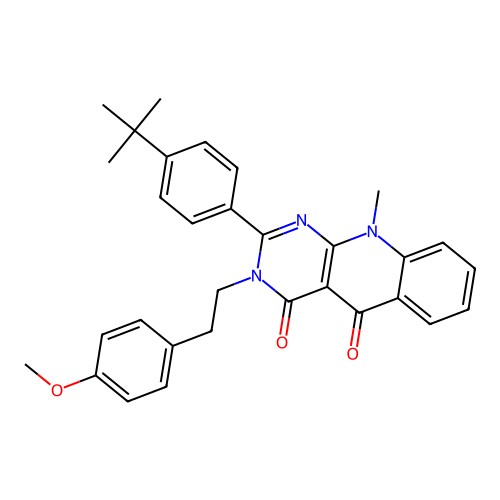 2-(4-(tert-butyl)phenyl)-3-(4-methoxyphenethyl)-10-methylpyrimido[4,5-b]quinoline-4,5(3H,10H)-dione structure