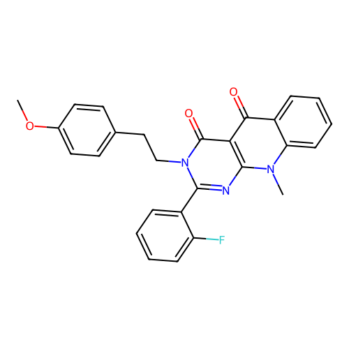 2-(2-fluorophenyl)-3-(4-methoxyphenethyl)-10-methylpyrimido[4,5-b]quinoline-4,5(3H,10H)-dione structure