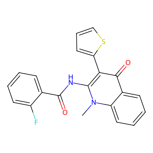 2-fluoro-N-[1-methyl-4-oxo-3-(thiophen-2-yl)-1,4-dihydroquinolin-2-yl]benzamide structure