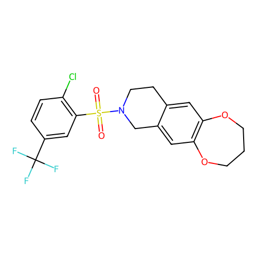 8-((2-chloro-5-(trifluoromethyl)phenyl)sulfonyl)-3,4,7,8,9,10-hexahydro-2H-[1,4]dioxepino[2,3-g]isoquinoline structure