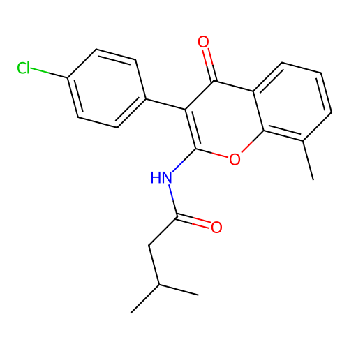 N-(3-(4-chlorophenyl)-8-methyl-4-oxo-4H-chromen-2-yl)-3-methylbutanamide structure
