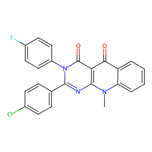 2-(4-chlorophenyl)-3-(4-fluorophenyl)-10-methylpyrimido[4,5-b]quinoline-4,5(3H,10H)-dione structure