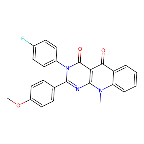 3-(4-fluorophenyl)-2-(4-methoxyphenyl)-10-methylpyrimido[4,5-b]quinoline-4,5(3H,10H)-dione structure
