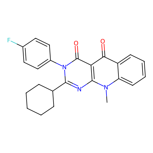 2-cyclohexyl-3-(4-fluorophenyl)-10-methylpyrimido[4,5-b]quinoline-4,5(3H,10H)-dione structure