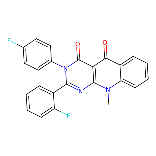 2-(2-fluorophenyl)-3-(4-fluorophenyl)-10-methylpyrimido[4,5-b]quinoline-4,5(3H,10H)-dione structure