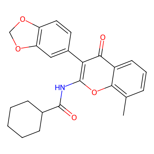 N-[3-(1,3-benzodioxol-5-yl)-8-methyl-4-oxochromen-2-yl]cyclohexanecarboxamide structure
