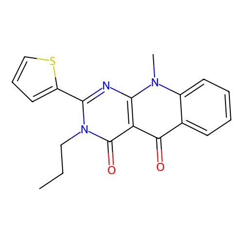 10-methyl-3-propyl-2-(thiophen-2-yl)pyrimido[4,5-b]quinoline-4,5(3H,10H)-dione structure