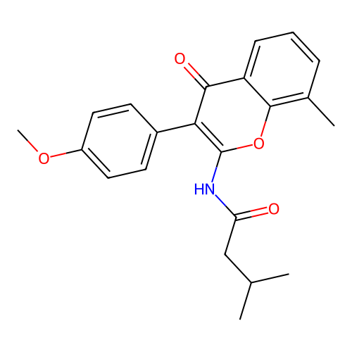 N-[3-(4-methoxyphenyl)-8-methyl-4-oxo-4H-chromen-2-yl]-3-methylbutanamide structure