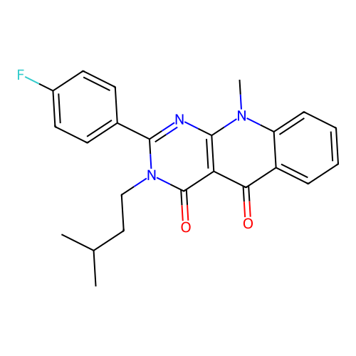 2-(4-fluorophenyl)-3-isopentyl-10-methylpyrimido[4,5-b]quinoline-4,5(3H,10H)-dione structure