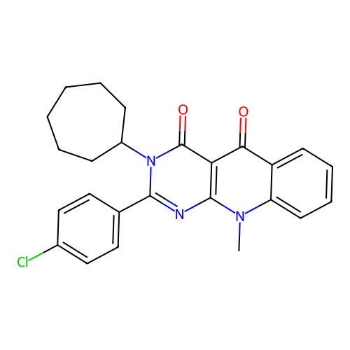2-(4-chlorophenyl)-3-cycloheptyl-10-methylpyrimido[4,5-b]quinoline-4,5(3H,10H)-dione structure