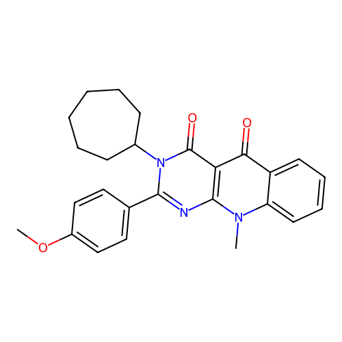 3-cycloheptyl-2-(4-methoxyphenyl)-10-methylpyrimido[4,5-b]quinoline-4,5(3H,10H)-dione structure