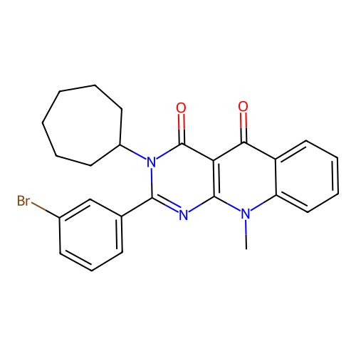 2-(3-bromophenyl)-3-cycloheptyl-10-methylpyrimido[4,5-b]quinoline-4,5(3H,10H)-dione structure