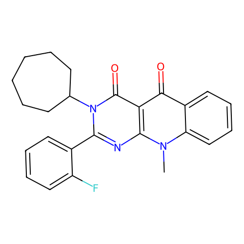3-cycloheptyl-2-(2-fluorophenyl)-10-methylpyrimido[4,5-b]quinoline-4,5(3H,10H)-dione structure