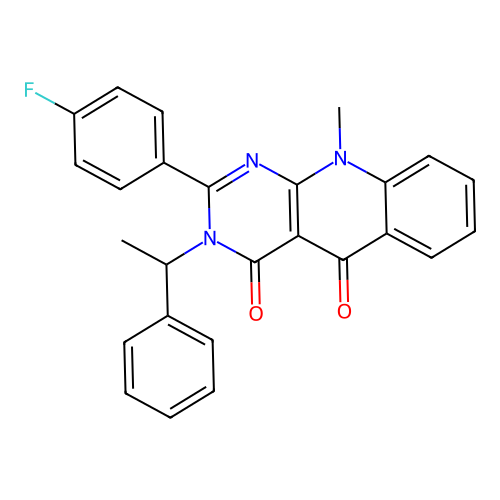 2-(4-fluorophenyl)-10-methyl-3-(1-phenylethyl)pyrimido[4,5-b]quinoline-4,5(3H,10H)-dione structure