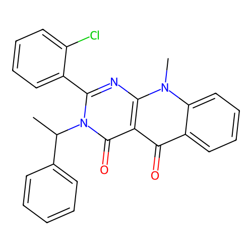 2-(2-chlorophenyl)-10-methyl-3-(1-phenylethyl)pyrimido[4,5-b]quinoline-4,5(3H,10H)-dione structure