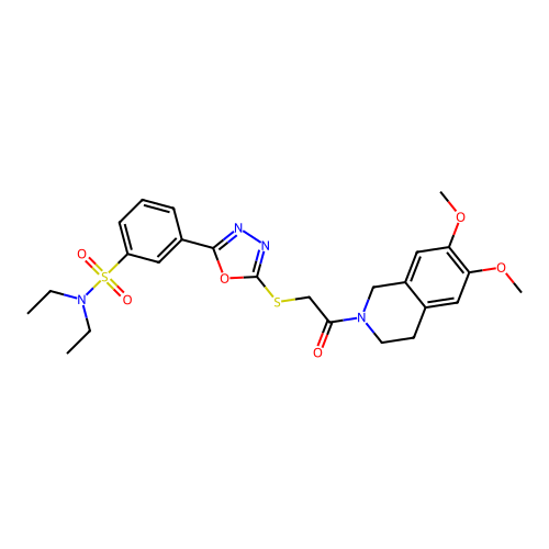 3-(5-((2-(6,7-dimethoxy-3,4-dihydroisoquinolin-2(1H)-yl)-2-oxoethyl)thio)-1,3,4-oxadiazol-2-yl)-N,N-diethylbenzenesulfonamide structure
