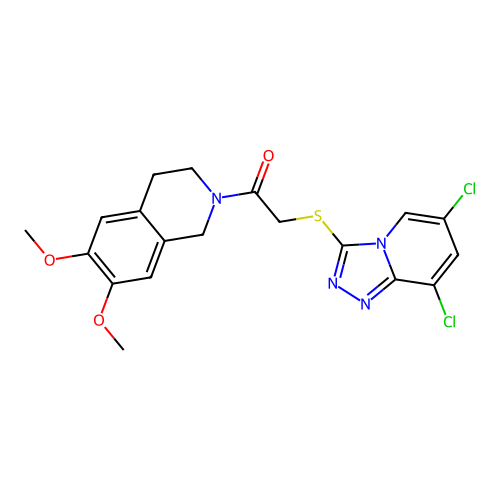 2-((6,8-dichloro-[1,2,4]triazolo[4,3-a]pyridin-3-yl)thio)-1-(6,7-dimethoxy-3,4-dihydroisoquinolin-2(1H)-yl)ethanone structure