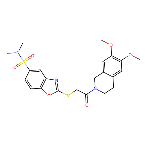 2-((2-(6,7-dimethoxy-3,4-dihydroisoquinolin-2(1H)-yl)-2-oxoethyl)thio)-N,N-dimethylbenzo[d]oxazole-5-sulfonamide structure