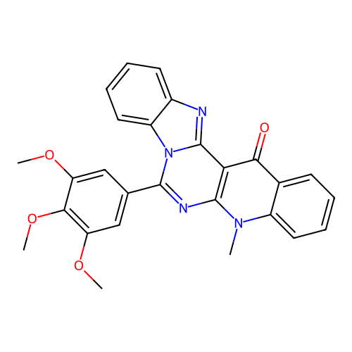 5-methyl-7-(3,4,5-trimethoxyphenyl)benzimidazo[1',2':1,6]pyrimido[4,5-b]quinolin-14(5H)-one structure