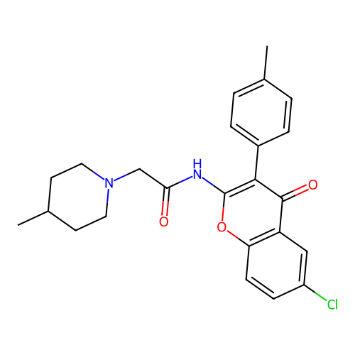 N-(6-chloro-4-oxo-3-(p-tolyl)-4H-chromen-2-yl)-2-(4-methylpiperidin-1-yl)acetamide structure