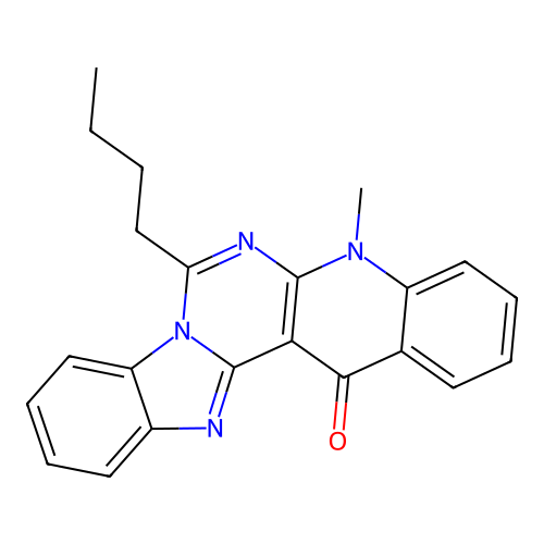 7-butyl-5-methylbenzimidazo[1',2':1,6]pyrimido[4,5-b]quinolin-14(5H)-one structure