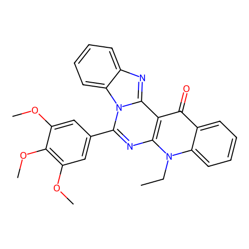 5-ethyl-7-(3,4,5-trimethoxyphenyl)benzimidazo[1',2':1,6]pyrimido[4,5-b]quinolin-14(5H)-one structure