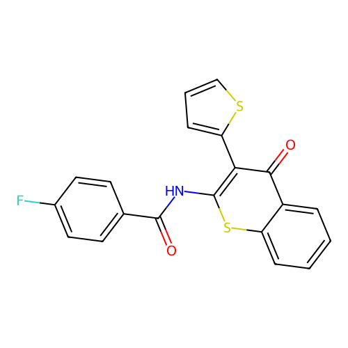 4-fluoro-N-(4-oxo-3-(thiophen-2-yl)-4H-thiochromen-2-yl)benzamide structure
