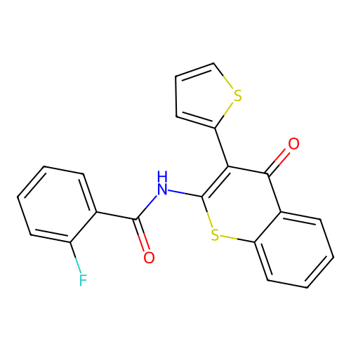 2-fluoro-N-(4-oxo-3-(thiophen-2-yl)-4H-thiochromen-2-yl)benzamide structure