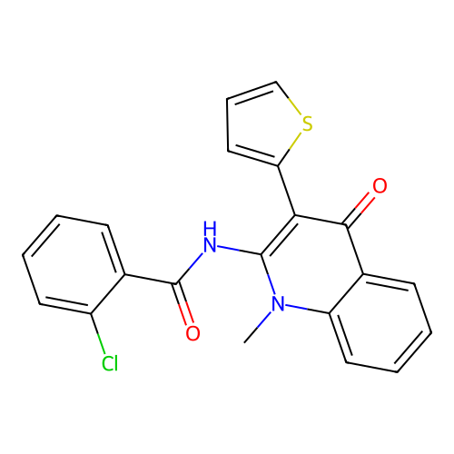 2-chloro-N-(1-methyl-4-oxo-3-(thiophen-2-yl)-1,4-dihydroquinolin-2-yl)benzamide structure