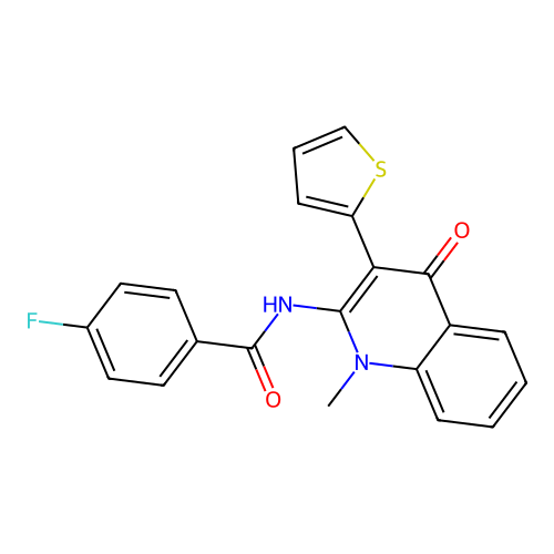 4-fluoro-N-(1-methyl-4-oxo-3-(thiophen-2-yl)-1,4-dihydroquinolin-2-yl)benzamide structure