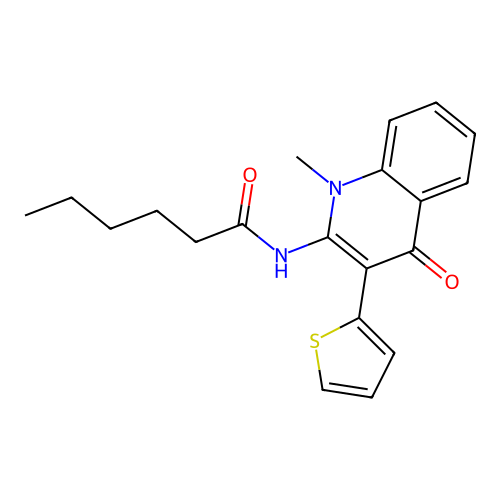 N-(1-methyl-4-oxo-3-(thiophen-2-yl)-1,4-dihydroquinolin-2-yl)hexanamide structure