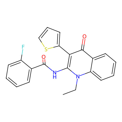 N-(1-ethyl-4-oxo-3-(thiophen-2-yl)-1,4-dihydroquinolin-2-yl)-2-fluorobenzamide structure