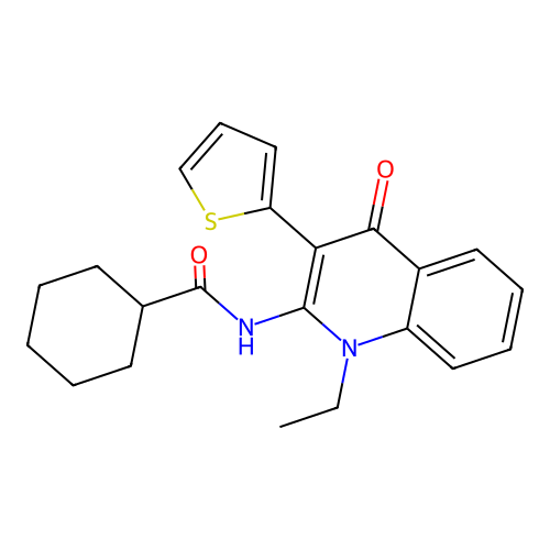 N-(1-ethyl-4-oxo-3-thiophen-2-ylquinolin-2-yl)cyclohexanecarboxamide structure