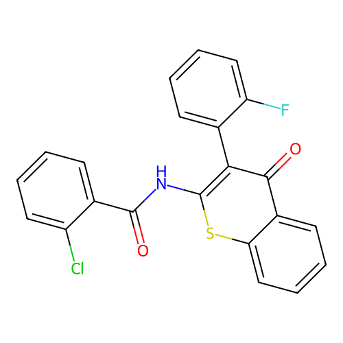 2-chloro-N-(3-(2-fluorophenyl)-4-oxo-4H-thiochromen-2-yl)benzamide structure
